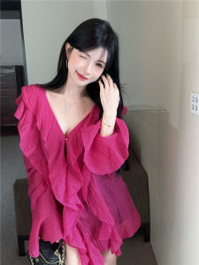 เสื้อเชิ้ตแขนยาวทรงหลวมสไตล์ฝรั่งเศสเซ็กซี่สีชมพูม่วง ดีไซน์เก๋ไก๋ ทรงหลวม ทรงเข้ารูป เสื้อเชิ้ตคอวี