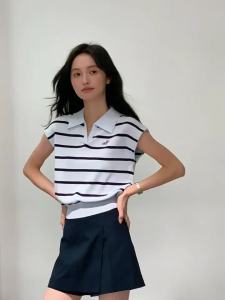 Summer New Stripe Polo Neck Waist-cinching Knitted Top