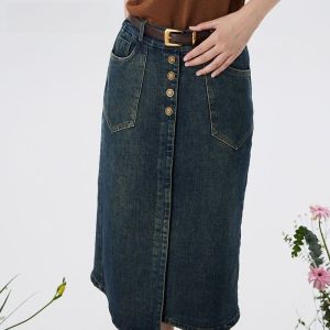 กระโปรงยีนส์ทรงเอครึ่งตัวสไตล์ลำลองทันสมัยสำหรับฤดูร้อนปี 2025 กระโปรงทรงเอผ้าฝ้ายผสมโพลีเอสเตอร์และยางยืดของ Jiafen