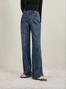 Yigue | Mid High Waist Loose Straight Large Pocket Womens Denim Trousers
