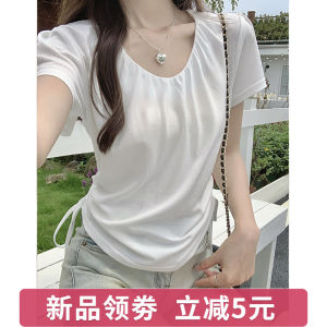 Summer Slimming V-Neck T-Shirt Womens Drawstring Short Sleeve Pleated Casual Fashion plus Size Cute Small Shirt Commute Style