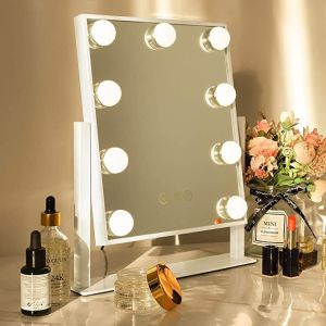 FENCHILIN Hollywood mirror Vanity Lighted Mirror with 9 Dimmable Bulbs of 3 Colors Smart Makeup Mirror with Detachable 10X Magnifying Mirror 360 Degree Rotating for Tabletop(white black rose gold)