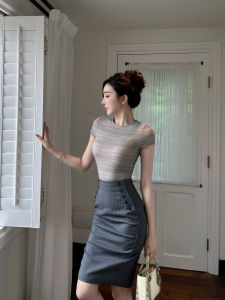 Gray Elegance Decorative Button Slit Stripes High Waisted Slimming Pencil Skirt
