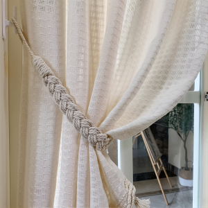 2PCS Boho Macrame Curtain Tiebacks Handwoven Cotton Rope with Tassels No-Drill Bohemian Curtain Holdbacks for Sheer & Drapes