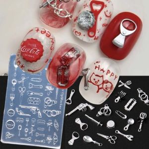 3D Nail Silicone Nail Carving Mold Funny Tableware Handcuffs Toys Resin Design Nail Art Print Stencils DIY Manicure Mold Tools