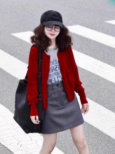 Red Knit Sweater Cardigan for Women Loose K-style Single Piece Long Sleeves Crewneck Pure Color Pattern Fall Winter New Arrival