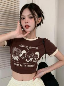 Áo Thun Cổ Tròn Tay Ngắn Ôm Vừa Vặn in Họa Tiết Cổ Điển Mỹ Mùa Hè 2024 Áo Thun Nữ Gợi Cảm Màu Tương Phản