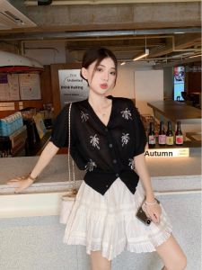 GUZILIAN | Short Sleeve Knitted Open Cardigan Womens Summer Design Asymmetrical Mini Cake Skirt Set Sweet V-neckline Premium Feel Top