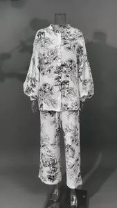 Female Casual Tracksuit Womens Set Floral Print Lantern Long Sleeve Buttons Shirt and Drawstring Wide Leg Pant Two Piece Sets