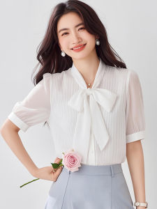 XUSHAN | White Bow Tie Striped Shirt For Women