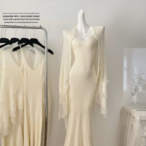 Youni Chinese Style Lace Splicing Mohair Shoulder Shawl Strap Dress Set New Ethnic White Moonlight Homecoming Dress