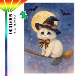 500/1000pcs Cat Riding Broomstick Fantasy Scene Puzzle | Challenging Large Puzzle for Adults and FamiliesHigh-Quality Cardboard