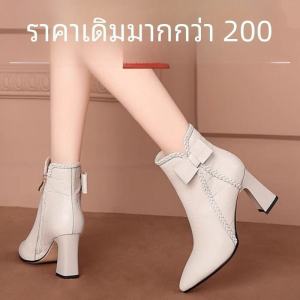 รองเท้าบูทส้นสูงหัวแหลมผูกโบว์ผีเสื้อสั้นสำหรับผู้หญิง ฤดูใบไม้ร่วง/ฤดูหนาว รองเท้าบูทแฟชั่น รองเท้าบูทหัวแหลม รองเท้าบูทหัวแหลมส้นสูง