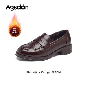 Agsdon | Giày Loafer Nữ Lót Nỉ Phong Cách Anh Thu Đông Đi Làm