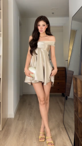 Đầm form babydoll ngắn chất Lụa Tráng Gương - Thiết kế dáng quây ngang xếp ly thắt dây nơ lưng