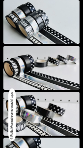 BujoWorld MONOCHROME Pack 4 rolls 10m Washi Decorative Adhesive Tape Black Silver Film Dots Strip  Bullet Journal Photo album Gift wrapping DIY Planner