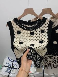 🔥Fran🔥 2024 NEW style blouses women Crochet Hollow-out Knitted Camisole Women Versatile Sleeveless Top Simple Short Top
