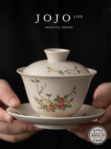 Jojos L PD Heptyl Japanese Style Ceramics Tea Brewing Bowl Ash Glazed Three-Axis Cover Bowl Handmade Retro Cereal Bowl