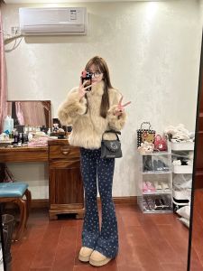 Retro All-over Print Happy Face Casual Flared Pants Womens Autumn Winter New Thickened Fleece High Waist Slimming Long Trousers