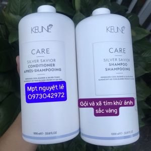 Dầu gội xả tím dành cho tóc nhuộm màu sáng khử vàng và phục hồi tóc Keune CARE Silver Savior 1000mlx2