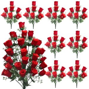 5/7/12Heads Fake Red Spring Bud Rose Bouquet Realistic Silk Cloth Multi Head Artificial Roses Home Wedding Valentine Anniversary Decoration