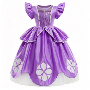 Sofia Costume Girl Kids Purple Princess Short Sleeve Dress with Flower Wreath Crown Necklace Wand for Girls Party Cosplay