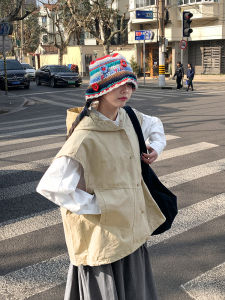 Loose Fit Hooded Tank Top Womens Spring Autumn Casual Cotton Vest Art Wild Series Japanese Style Sleeveless Workwear