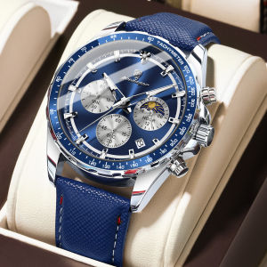 POEDAGAR genuine leather watch for men waterproof luxury calendar luminous chronograph watch