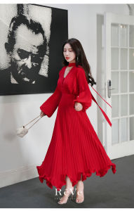 ReVe High-End Flame Rose Paris High Density Pearl Chiffon Shirt Pleated Skirt Set Womens Fashion Ensemble Long Sleeve V-Neck Polyester Fiber