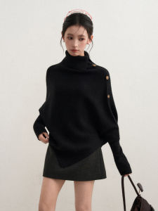 BAIDAIFEI | Áo Sweater Len Oversized Cổ Cao Màu Đen