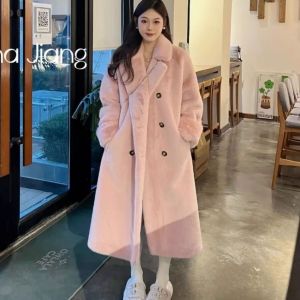 Elegant Long Thickened Rabbit Fur Coat 2024 Autumn Winter Polo Collar West Style Jacket Eco Friendly Leather Outerwear