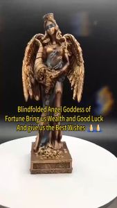 Blindfolded Fortune Statue with Wing Office Ancient Roman Goddess of Luck Vintage Gold Lucky Sculpture Lucky Home Decor