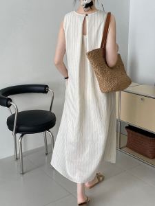 Vest Skirt Womens Loose Waist Cotton Linen blend Sleeveless Midi Dress Striped Pattern Vintage Style For Summer Season
