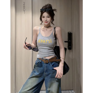 American Style Spicy Letter Print Short Sleeveless Tank Top Women Summer Outdoor Wear Slim Fit Red Strap Vest U-neck Daily Wear