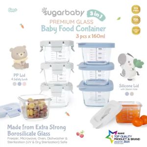 Sugar Baby Wadah Mangkok Peralatan Makan Bayi Premium Glass Jar Baby Food Container PP Lid 3 Pcs x 160ml MPASI BPA Free