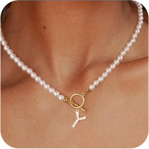 Fashion Crystal Initial Letter Charm Imitation Pearl Choker Necklace For Women Party Wedding Jewelry