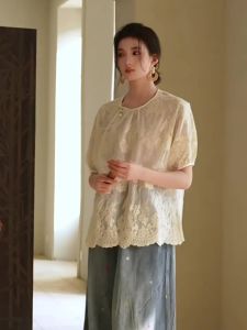 JK&JS | New Chinese Style Embroidered Silk Cotton Thread Shirt Thin Small Shirt With Button Design Round Neck Short Sleeve Womens Top