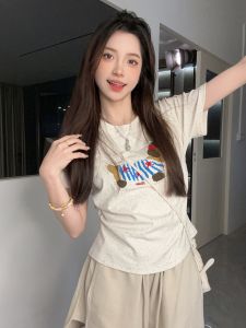 Flocking Towel Embroidery Cartoon Dog Short Sleeve Female Fancy Rainbow Polka Dot T-shirt Sweet Girl Style Ruched Waist Trimming Short