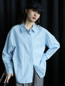 Spring 2024 Loose Casual Womens Long Sleeve Shirt Vintage Hong Kong Style Light Blue Minimalist Pure Color Commute Button up