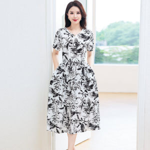 Pocket Drawstring Ladieswear Noil Poplin Dress Womens Summer Mid Length Long Length Cotton Silk Printed Waist-Controlled Flab Hiding Holiday Floral Dress