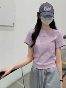 Light Purple Slim Fit Short Sleeve T-Shirt Womens Summer New Style Versatile Pure Color Top Fashionable round Neck Tee