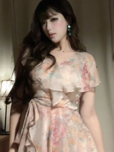 French Unique Beautiful Lace Trim Dress Floral Print Tea Break Short Skirt Fashionable Summer Dress for Young Women