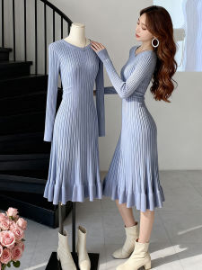 XIYUQI | Slimming Grey Blue Knitted Long Sleeve Dress Winter