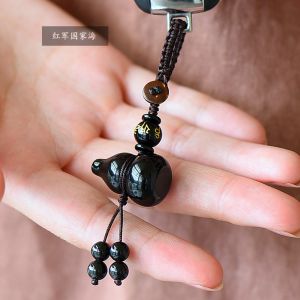 Natural Obsidian Gourd Fu Lu Keychain Mobile Phone Pendants U Disk Wallet Crystal Pendant Men and Women Gift