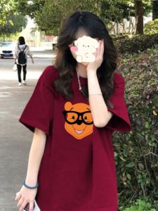 American Style Pure Cotton Shoulder T-Shirt Women Summer Short Sleeve Loose High Street Cartoon Body Chic Korean Style round Neck Print
