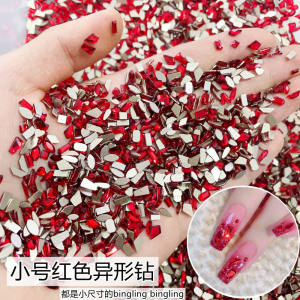เล็บเจ้าสาวสีแดงขนาดเล็ก ประดับเพชรทรงไม่เท่ากัน ประดับเล็บสุดแวววาว เครื่องประดับเล็บสำหรับปีใหม่ ผลิตจากจีน