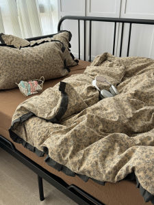 Retro French Style Pleated Black Lace Washed Cotton Bedding Set Dormitory Student Bed Sheet Three Piece Set Floral Quilt Cover