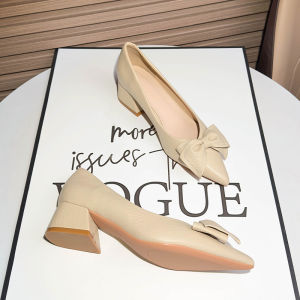 French Commuter Butterfly Knot Slip-On Work Thick Heel High Heels Womens New 2025 Black Pointed Toe Single Shoes Fashionable