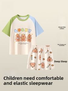 Miiow | Childrens Cotton Pajamas Breathable Lightweight Short Sleeve Shorts Home Clothes Comfortable Sweat Absorbent Sleepwear For Boys