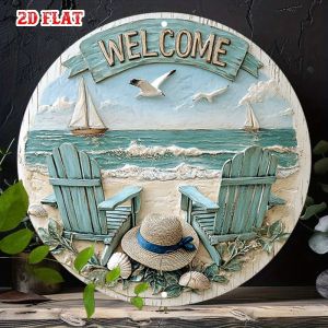 Coastal Welcome Sign 2D 8in Wooden Circular with Beach Chair Sailing Boat Seagull Elements for Cafe Or Beach House Outdoor Decor